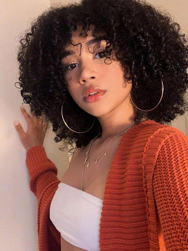 EINbeauty Black Afro Curly Bob Wig With Bang None Lace 100% Human Vigin Hair