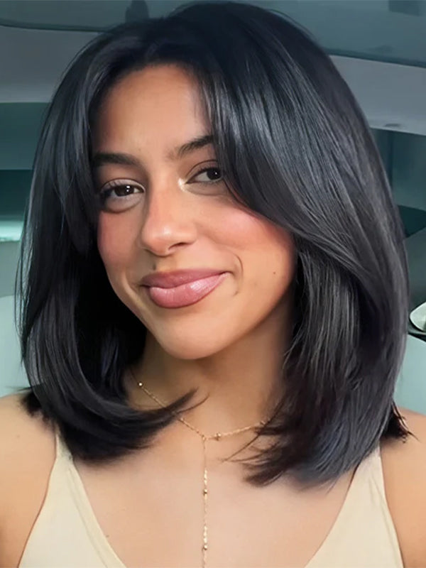 EINbeauty Yuri Glueless French Bob Wig With Curtain Bangs Layered Cut Bob Wig Pre Cut Lace