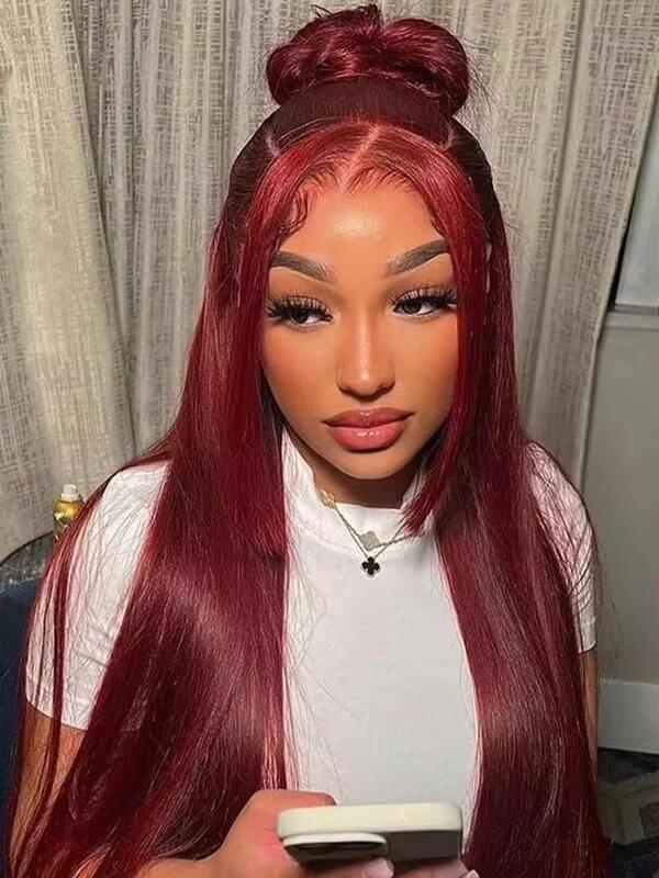 EINbeauty Burgundy Pure Color Straight Transparent Lace Human Vigin Hair Wig