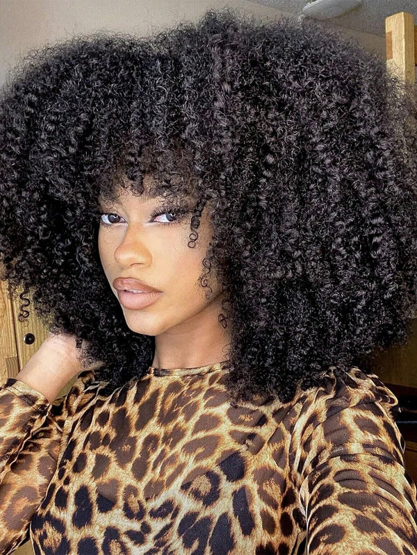 EINbeauty Short Afro Kinky Curly Wigs With Heavy Bang Human Hair Wig For Black Girl