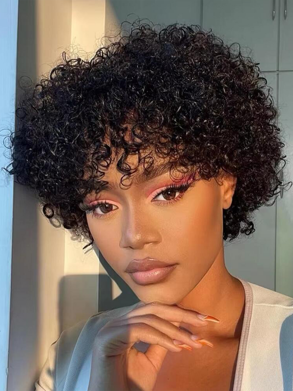 EINbeauty Human Hair Short Cheap Wig Bouncy Curly Wig with Bangs 100% Machine Made Wig