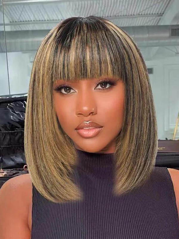 EINbeauty Brown Highlight Bob Layer Cut Short Bob Wig With Bang Human Hair