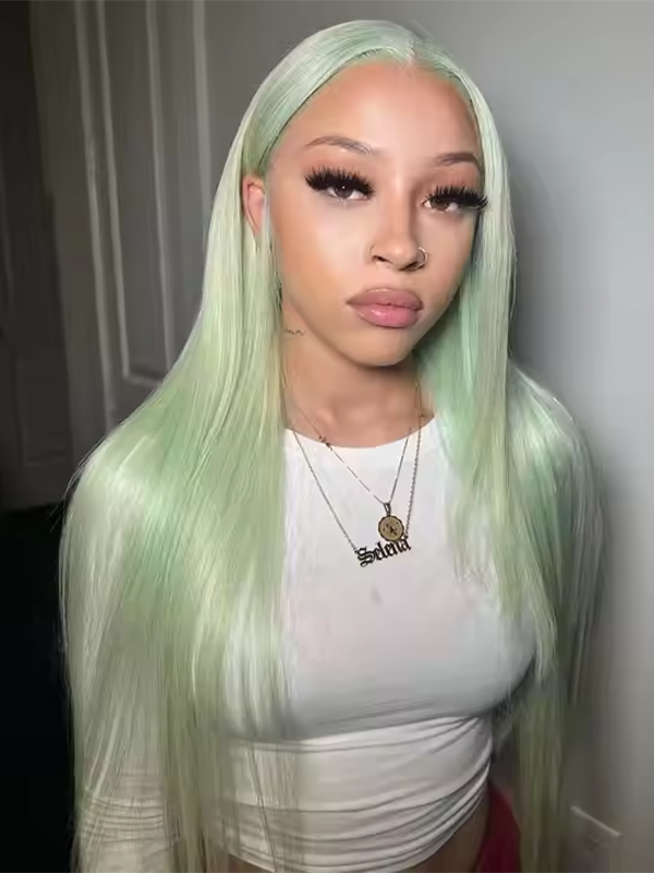 EINbeauty Mint Green Wear Go Quick Wear Straight Frontal Wig 100% Human Hair
