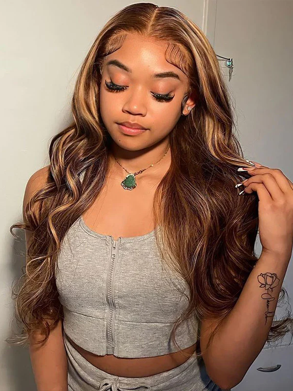 EINbeauty Balayege Highlights Brown Honey Blonde Body Wave Wig Natural Hairline